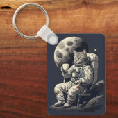 コーヒーを飲む宇宙飛行士ネコ キーホルダー (正面)