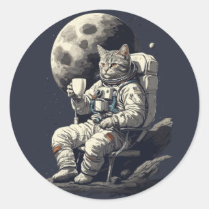 コーヒーを飲む宇宙飛行士ネコ ラウンドシール