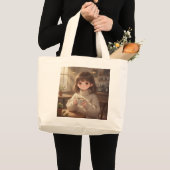 コーヒーを飲む幻想的な少女のトートバッグ ラージトートバッグ (正面(商品))