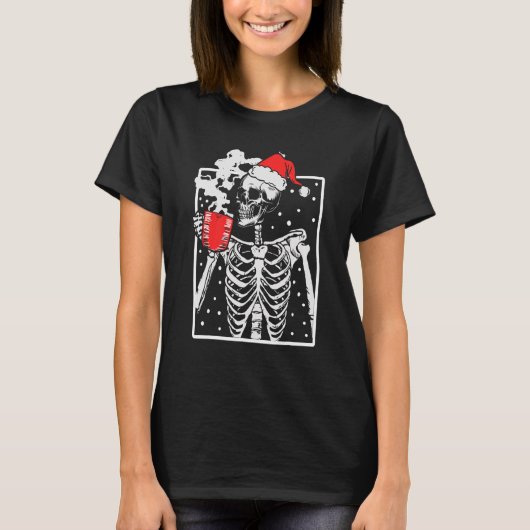 コーヒーを飲む微笑みのドクロ骸骨デザイン Tシャツ (正面)