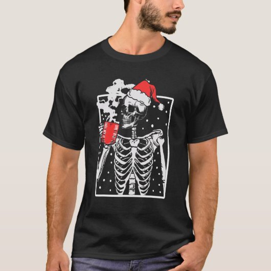 コーヒーを飲む微笑みのドクロ骸骨デザイン Tシャツ (正面)