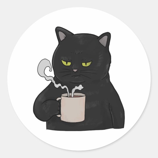 コーヒーを飲む朝のぐち猫 ブラック ラウンドシール (正面)