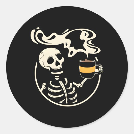 コーヒーを飲む笑顔のスカルのスケルトン ラウンドシール (正面)
