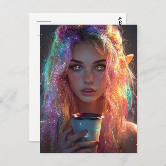 コーヒーを飲んだエルフの女性 ポストカード (正面/裏面)
