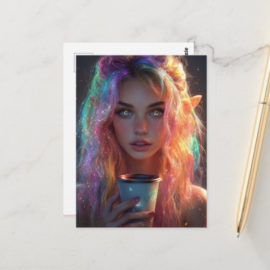 コーヒーを飲んだエルフの女性 ポストカード (正面/裏面インサイチュ)