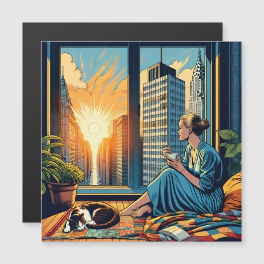 コーヒーを飲んで窓の外を眺めている女性 (正面/裏面)