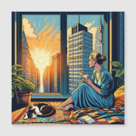 コーヒーを飲んで窓の外を眺めている女性