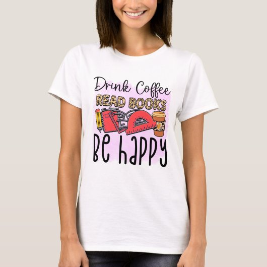 コーヒーを飲読み、本、幸せ Tシャツ (正面)