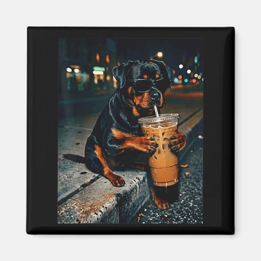 コーヒーアイスを飲むロットワイラー犬のおもしろ動物 マグネット (正面)