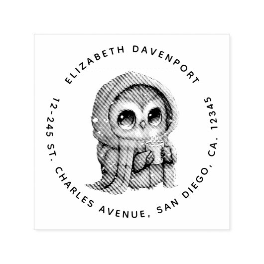 コーヒーアドレスを持つかわいい大きな目のフクロウ セルフインキングスタンプ (デザイン)