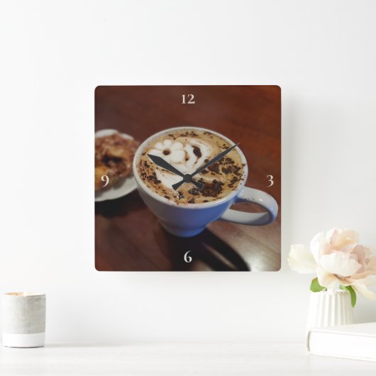 コーヒーアートカフェラテコーヒーカップ素朴 スクエア壁時計 (ホーム)