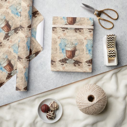 コーヒーエフエメラウォーターカラーコラージュ ラッピングペーパー (クラフト)