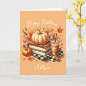 コーヒーオレンジカボチャのスパイスアンドブックス誕生日 カード (黄色い花)