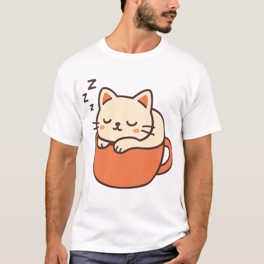 コーヒーカップで眠るかわいい猫 Tシャツ (正面)