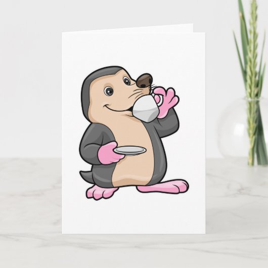 コーヒーカップとソーサーのあるモグラ カード (正面)