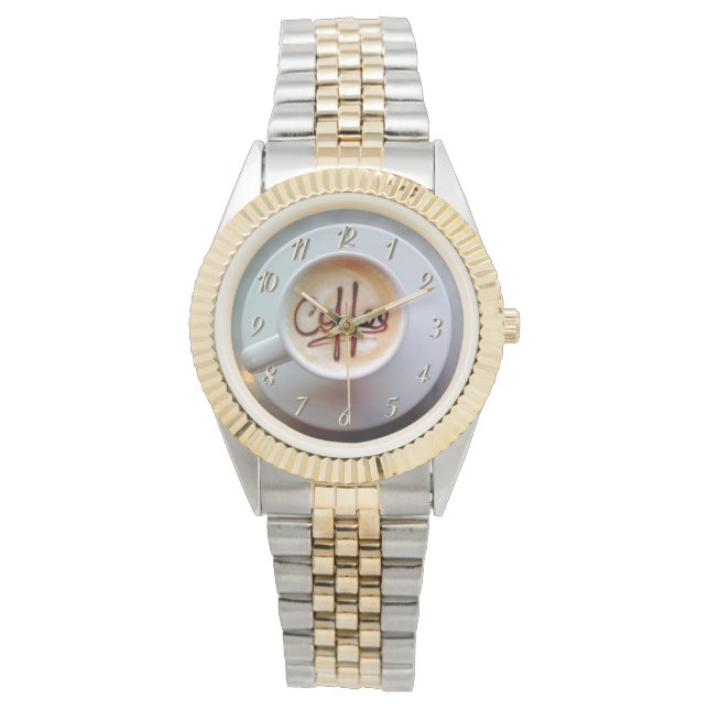 コーヒーカップとソーサーラテコーヒーブラウンホワイト 腕時計 (正面)