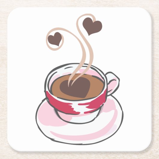 コーヒーカップとハート スクエアペーパーコースター (正面)