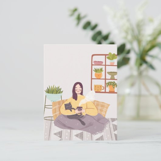 コーヒーカップと家に猫がいる人 ポストカード (スタンド正面)