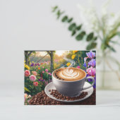 コーヒーカップと美しい花園 ポストカード (スタンド正面)