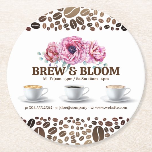 コーヒーカップと花 ラウンドペーパーコースター (正面)