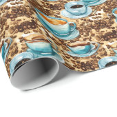 コーヒーカップと豆の水の色パターン ラッピングペーパー (ロールコーナー)