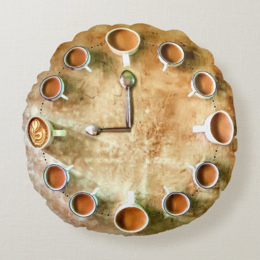 コーヒーカップのコーヒータイムクロック素朴な茶色 ラウンドクッション (正面)