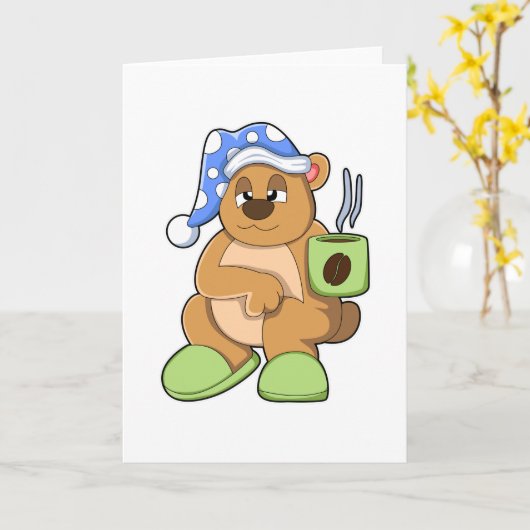 コーヒーカップを持ったクマとねぼすけ カード (黄色い花)