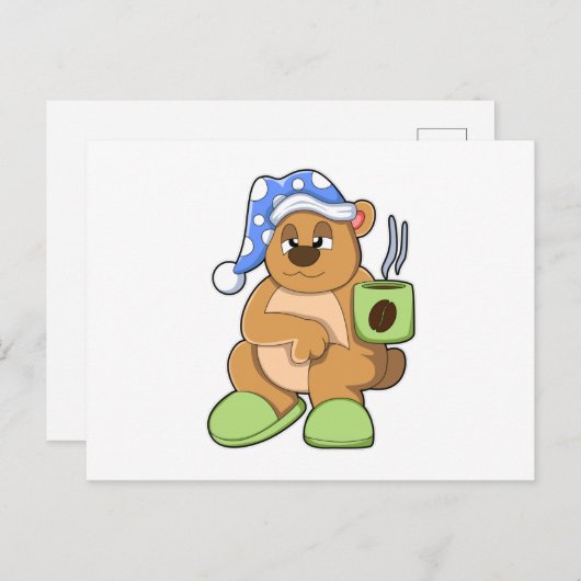 コーヒーカップを持ったクマとねぼすけ ポストカード (正面/裏面)