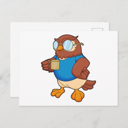 コーヒーカップを持ったフクロウ ポストカード (正面/裏面)