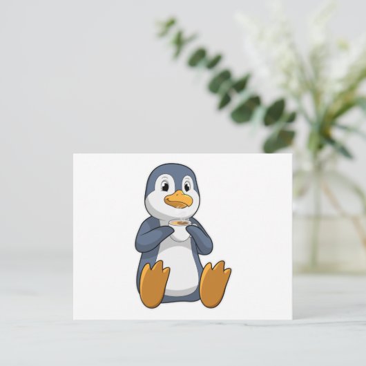 コーヒーカップを持ったペンギン ポストカード (スタンド正面)