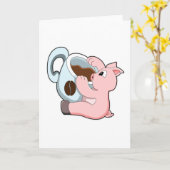 コーヒーカップを持った豚 カード (黄色い花)