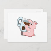 コーヒーカップを持った豚 ポストカード (正面/裏面)