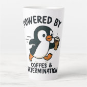 コーヒーカップを持って走る面白いペンギン カフェラテマグ (正面)