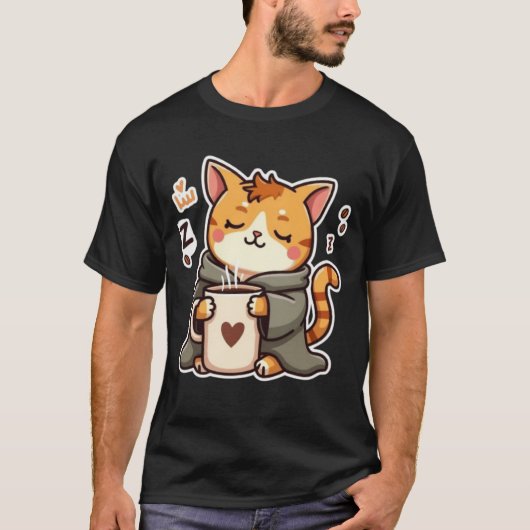 コーヒーカップを持つあくび猫のTシャツ Tシャツ (正面)