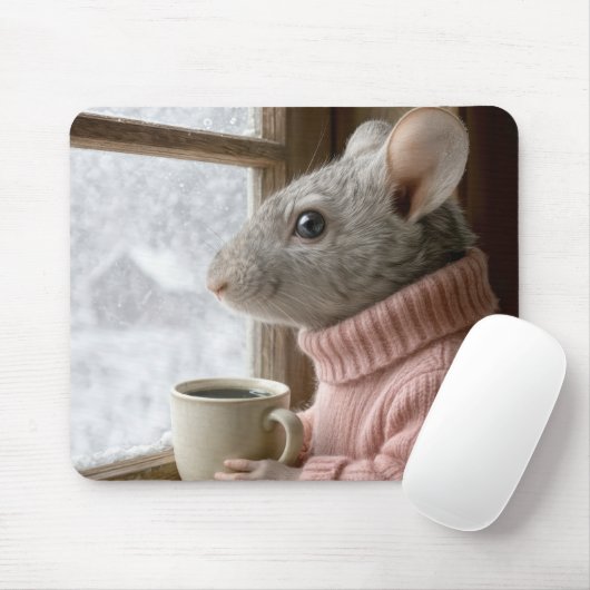 コーヒーカップを持つネズミ マウスパッド (マウス)