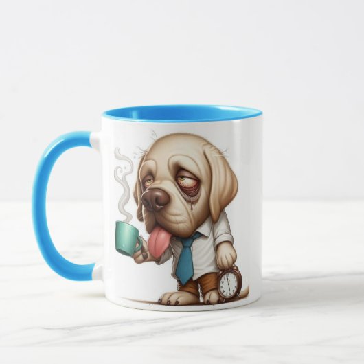 コーヒーカップを持つ眠そうな犬 マグカップ (左)