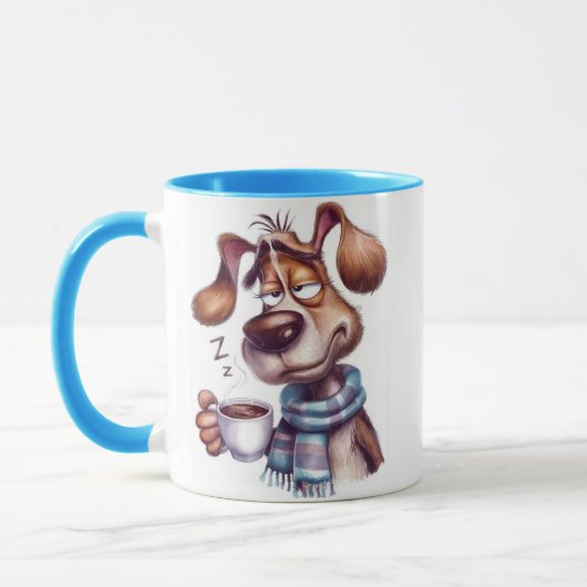 コーヒーカップを持つ眠そうな犬 マグカップ (左)