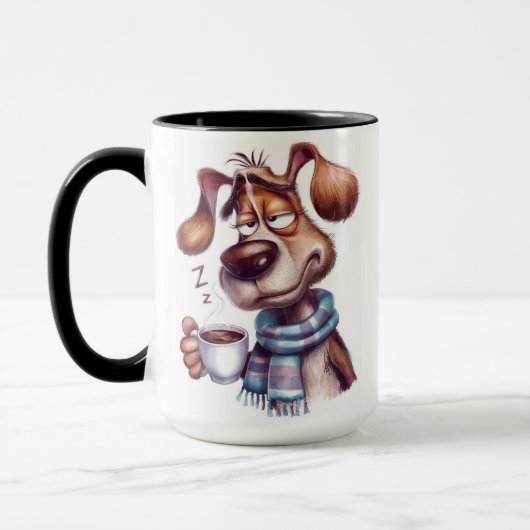 コーヒーカップを持つ眠そうな犬 マグカップ (左)