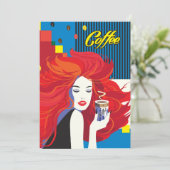 "コーヒーカップを持つ美しいファッション女性" ポップアート 招待状 (スタンド正面)