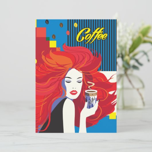 "コーヒーカップを持つ美しいファッション女性" ポップアート 招待状 (スタンド正面)
