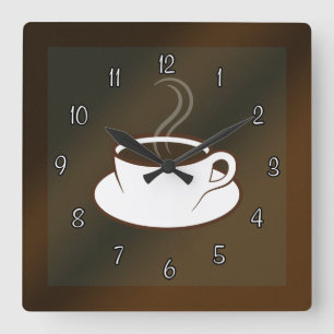 コーヒーカップカフェコーヒーショップ正方形の壁時計 スクエア壁時計
