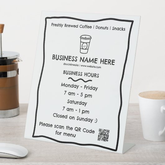 コーヒーカップカフェ開店時間QRコード 台座サイン (インサイチュ)