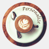 コーヒーカップカプチーノブラウンホワイトラテ ラウンドシール (正面)