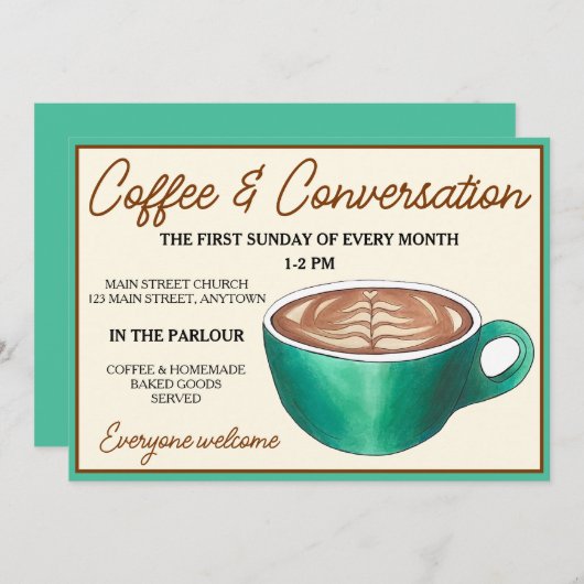 コーヒーカップクラッチ会話教会のソーシャルアワー 招待状 (正面/裏面)