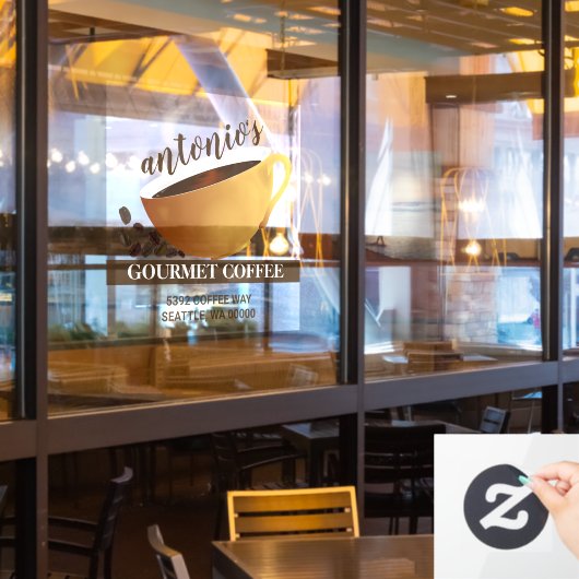 コーヒーカップコーヒー豆のビジネスアドレス ウィンドウサイン (レストラン窓)