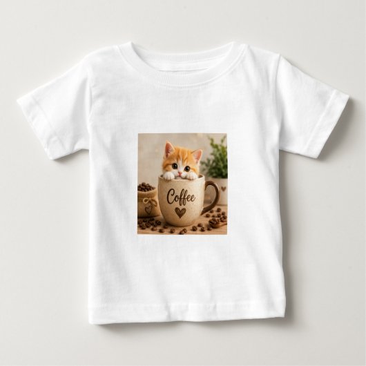 コーヒーカップチャームの子猫 ベビーTシャツ (正面)