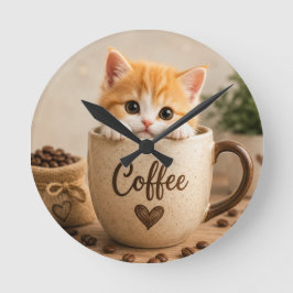 コーヒーカップチャームの子猫 ラウンド壁時計