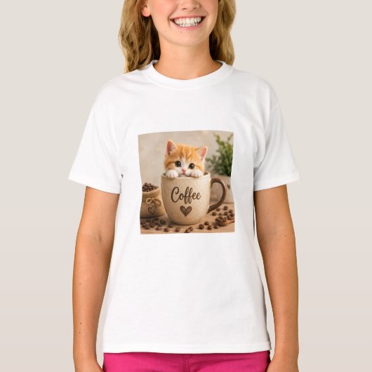 コーヒーカップチャームの子猫 Tシャツ (正面)