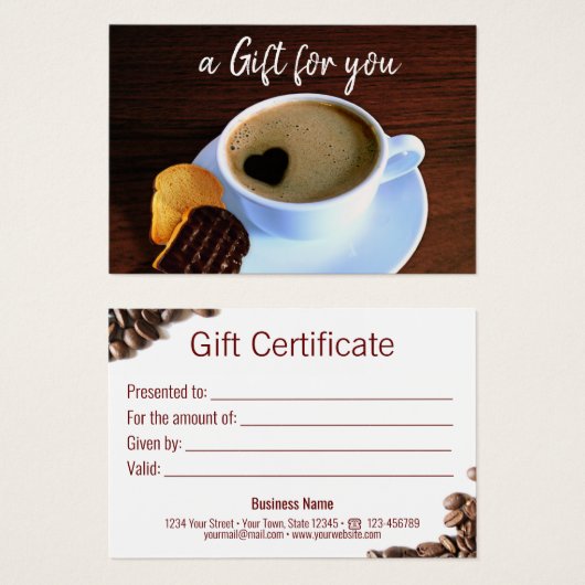 コーヒーカップハート型フォームクッキーギフトカード (正面&裏面)