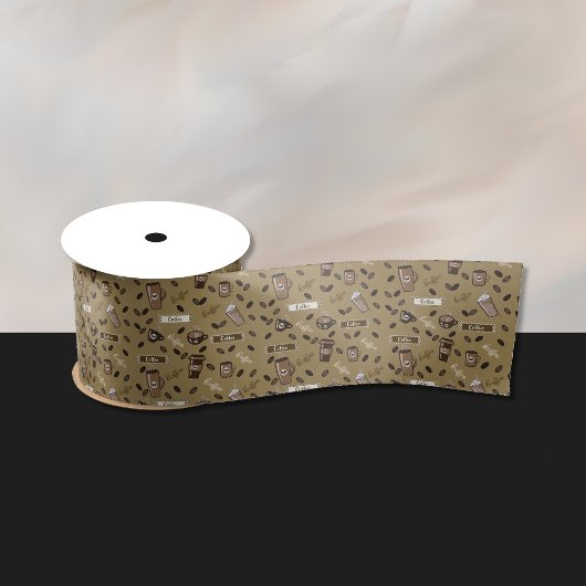 コーヒーカップパターンとワードアートリボン サテンリボン